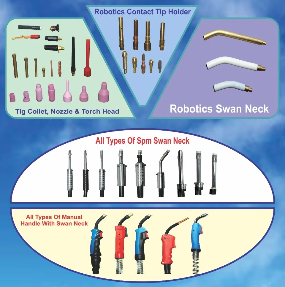 Robotics contact tip holder, TIG collect nozzles, torch heads, handles and swan neck